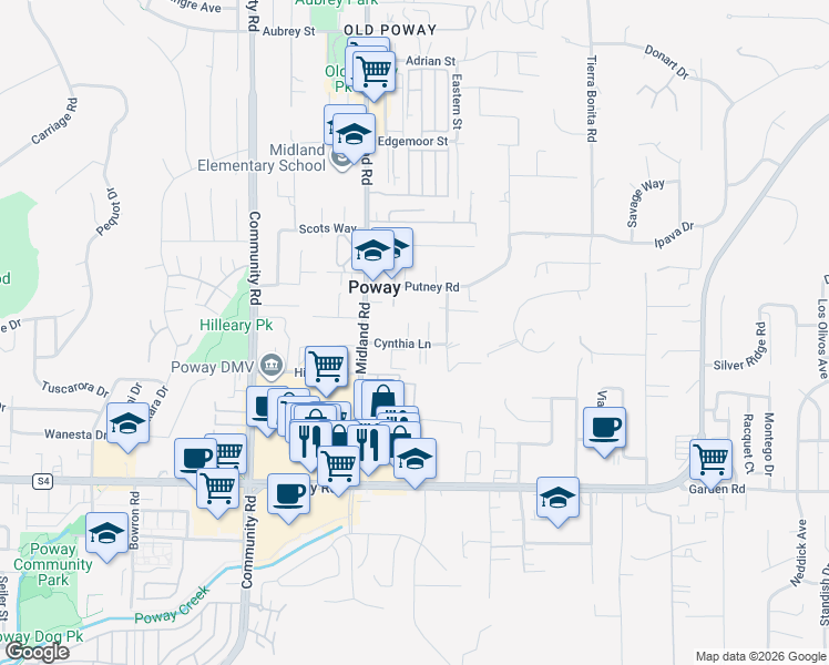 map of restaurants, bars, coffee shops, grocery stores, and more near 13635 Janeen Road in Poway