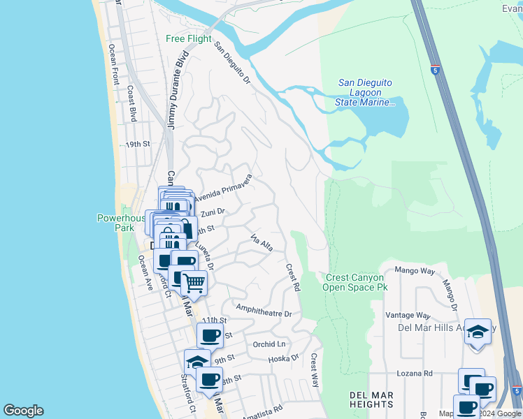 map of restaurants, bars, coffee shops, grocery stores, and more near 627 15th Street in Del Mar