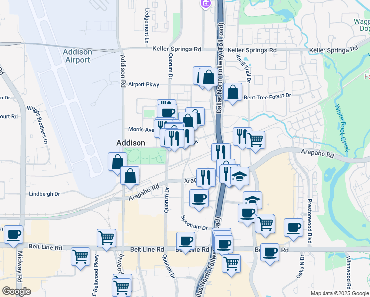 map of restaurants, bars, coffee shops, grocery stores, and more near 5030 Addison Circle in Addison