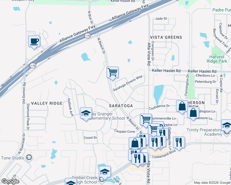 map of restaurants, bars, coffee shops, grocery stores, and more near 12833 Royal Ascot Drive in Fort Worth