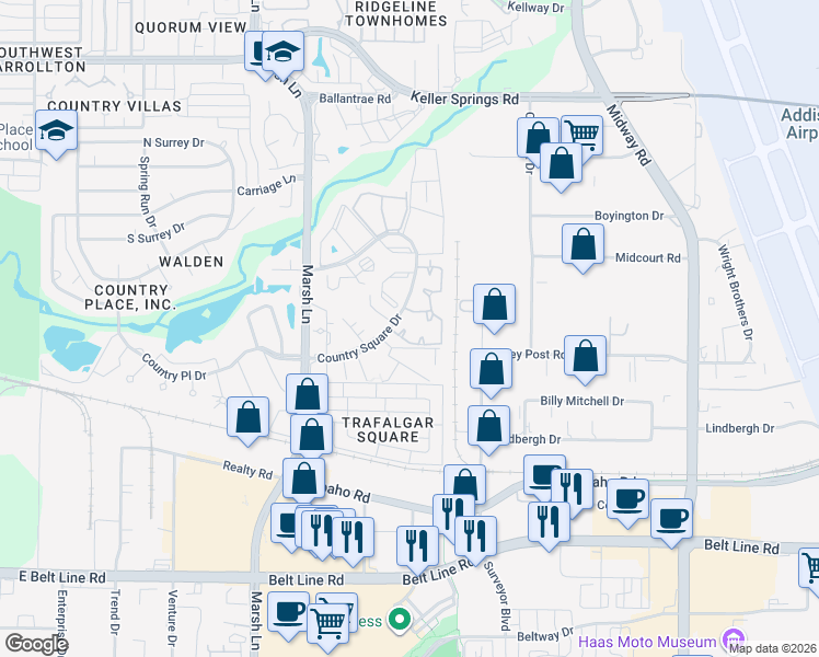 map of restaurants, bars, coffee shops, grocery stores, and more near 3330 Country Square Drive in Carrollton
