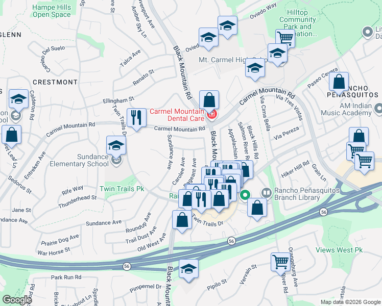 map of restaurants, bars, coffee shops, grocery stores, and more near 13228 Carolee Avenue in San Diego