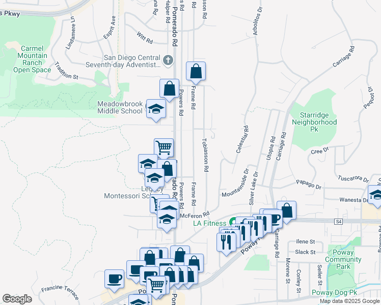 map of restaurants, bars, coffee shops, grocery stores, and more near 13620 Frame Road in Poway