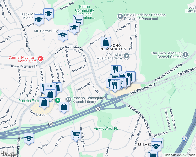 map of restaurants, bars, coffee shops, grocery stores, and more near 9762 Caminito Bolsa in San Diego