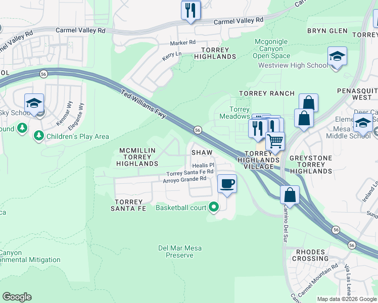 map of restaurants, bars, coffee shops, grocery stores, and more near 13286 Via Santillana in San Diego