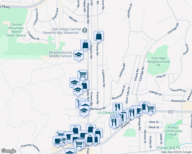map of restaurants, bars, coffee shops, grocery stores, and more near 13620 Frame Road in Poway