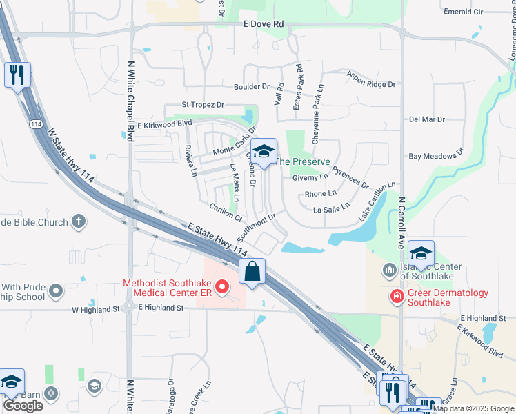 map of restaurants, bars, coffee shops, grocery stores, and more near 812 Orleans Drive in Southlake