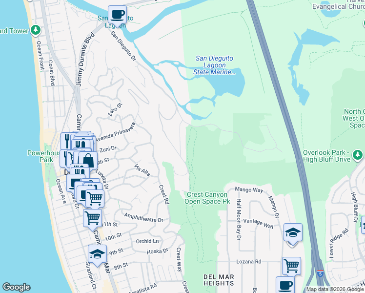 map of restaurants, bars, coffee shops, grocery stores, and more near 1445 San Dieguito Drive in Del Mar