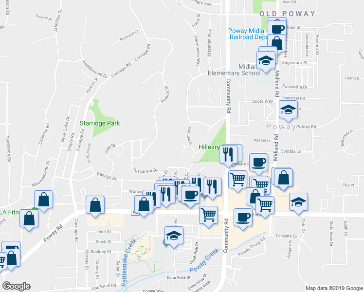 map of restaurants, bars, coffee shops, grocery stores, and more near 13148 Mulberry Tree Lane in Poway