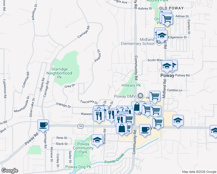 map of restaurants, bars, coffee shops, grocery stores, and more near 13644 Mulberry Tree Court in Poway