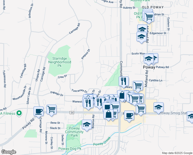 map of restaurants, bars, coffee shops, grocery stores, and more near 13148 Mulberry Tree Lane in Poway