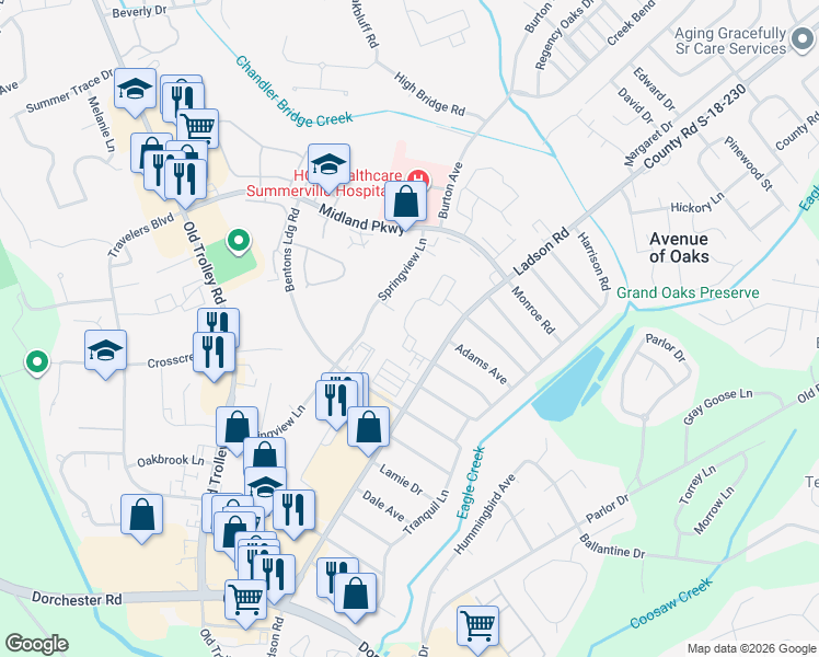 map of restaurants, bars, coffee shops, grocery stores, and more near 87 Springview Lane in Summerville