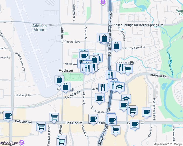 map of restaurants, bars, coffee shops, grocery stores, and more near 15575 Lewis Place in Addison