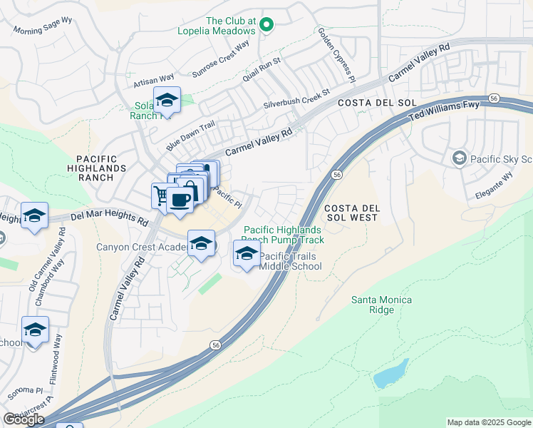 map of restaurants, bars, coffee shops, grocery stores, and more near 6113 Calera Place in San Diego