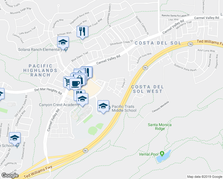 map of restaurants, bars, coffee shops, grocery stores, and more near 6102 Alida Row in San Diego