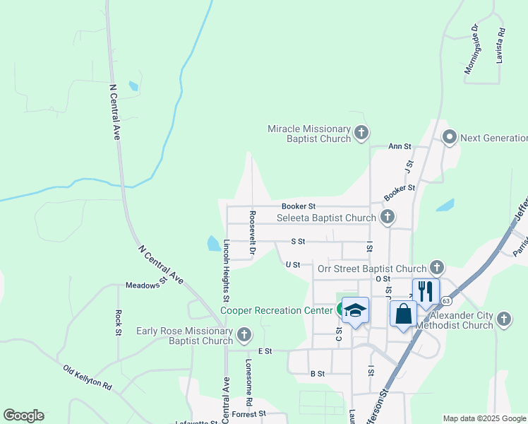map of restaurants, bars, coffee shops, grocery stores, and more near 1410 Roosevelt Drive in Alexander City