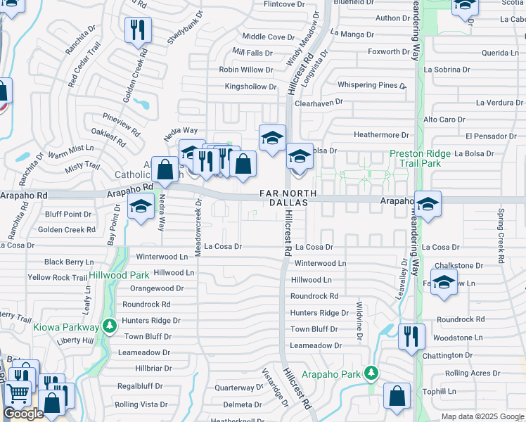 map of restaurants, bars, coffee shops, grocery stores, and more near 7050 Arapaho Road in Dallas
