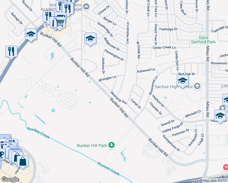 map of restaurants, bars, coffee shops, grocery stores, and more near 15 Mustang Avenue in Sachse