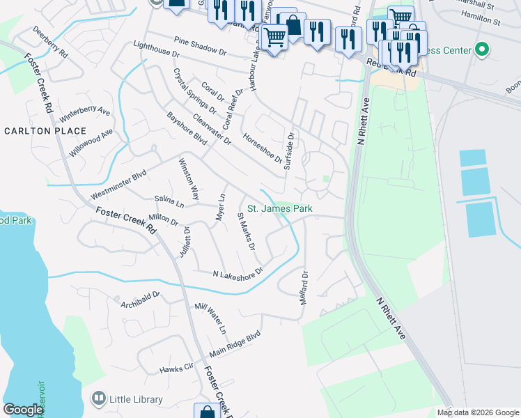 map of restaurants, bars, coffee shops, grocery stores, and more near 105 Westminster Court in Goose Creek