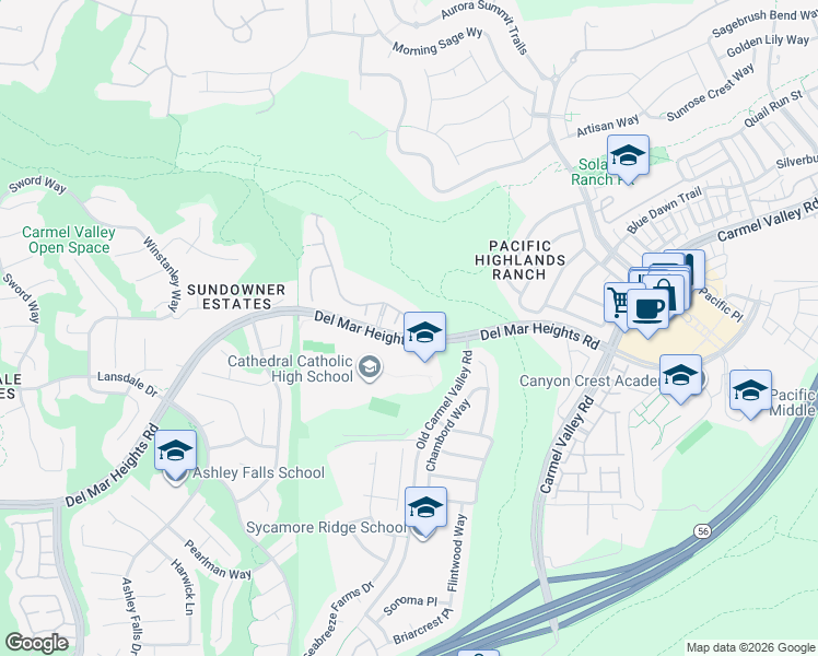 map of restaurants, bars, coffee shops, grocery stores, and more near 5598 Valerio Trail in San Diego