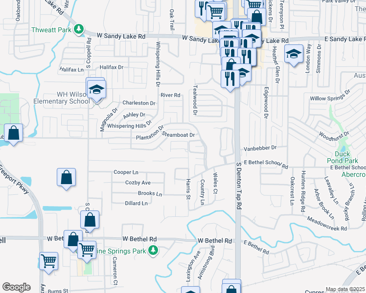 map of restaurants, bars, coffee shops, grocery stores, and more near 449 Harris Street in Coppell