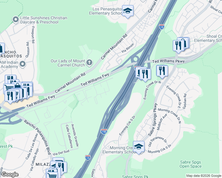 map of restaurants, bars, coffee shops, grocery stores, and more near 10365 Azuaga Street in San Diego