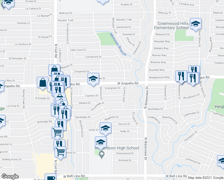 map of restaurants, bars, coffee shops, grocery stores, and more near 1229 Evergreen Drive in Richardson