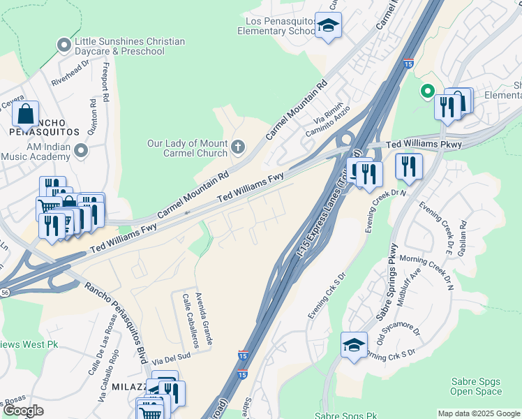 map of restaurants, bars, coffee shops, grocery stores, and more near 10305 Azuaga Street in San Diego
