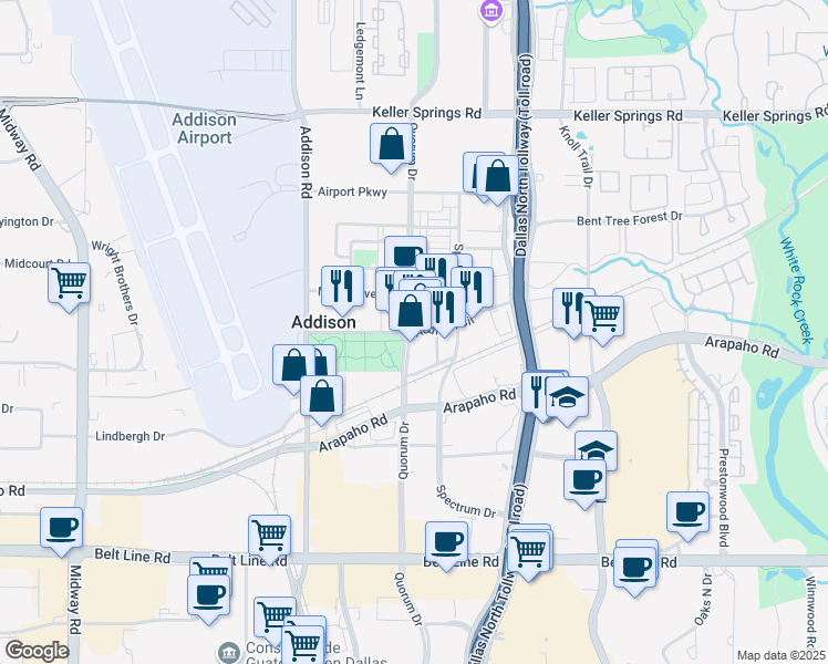 map of restaurants, bars, coffee shops, grocery stores, and more near Addison Circle in Addison