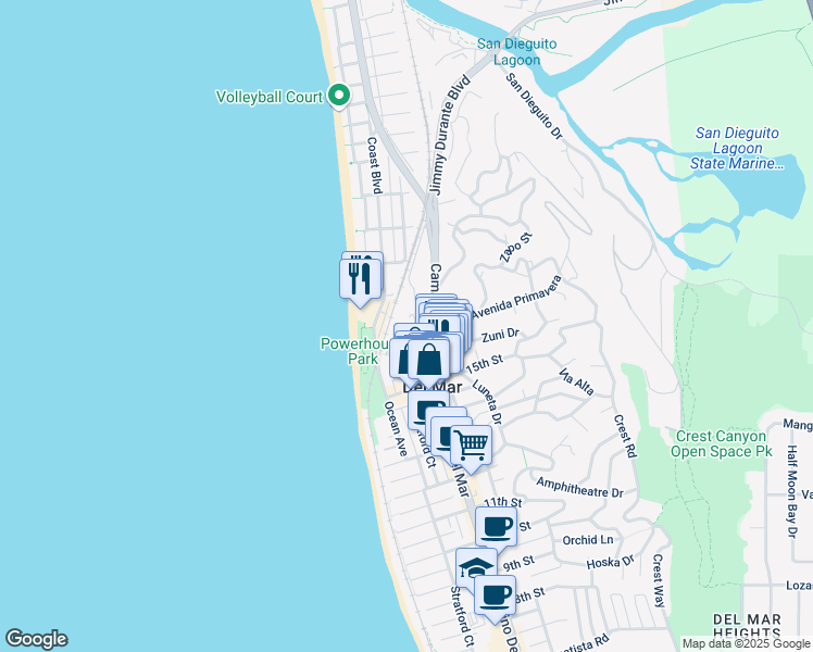 map of restaurants, bars, coffee shops, grocery stores, and more near 1562 Camino Del Mar in Del Mar