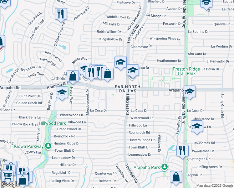 map of restaurants, bars, coffee shops, grocery stores, and more near 18 Hillcrest Road in Dallas