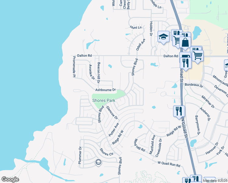 map of restaurants, bars, coffee shops, grocery stores, and more near 1460 Ashbourne Drive in Rockwall