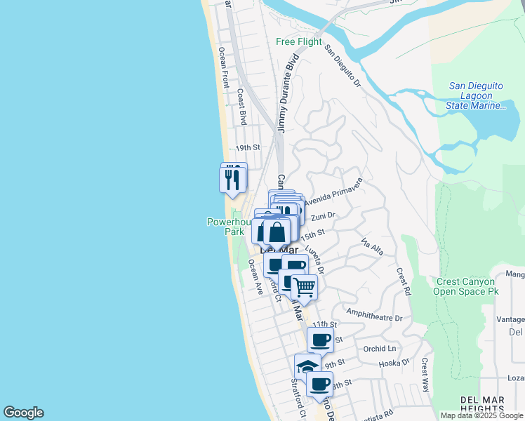map of restaurants, bars, coffee shops, grocery stores, and more near in Del Mar