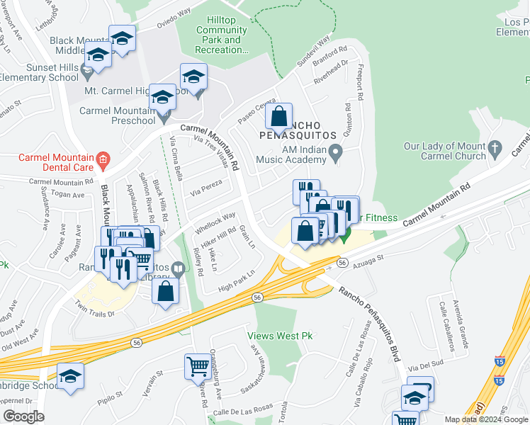 map of restaurants, bars, coffee shops, grocery stores, and more near 9773 Caminito Bolsa in San Diego