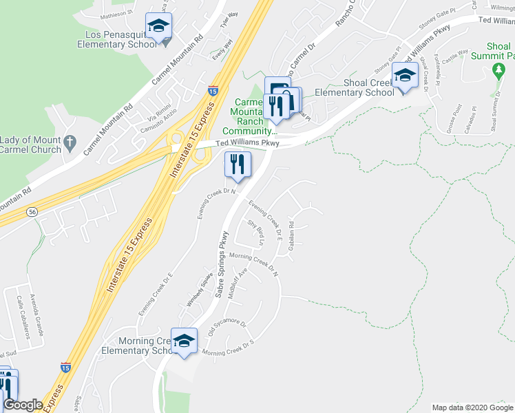 map of restaurants, bars, coffee shops, grocery stores, and more near 13461 Cool Lake Way in San Diego