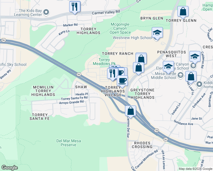 map of restaurants, bars, coffee shops, grocery stores, and more near 7735 Via Solare in San Diego