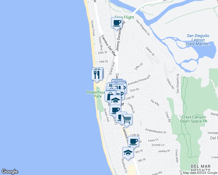 map of restaurants, bars, coffee shops, grocery stores, and more near 1545 Coast Boulevard in Del Mar