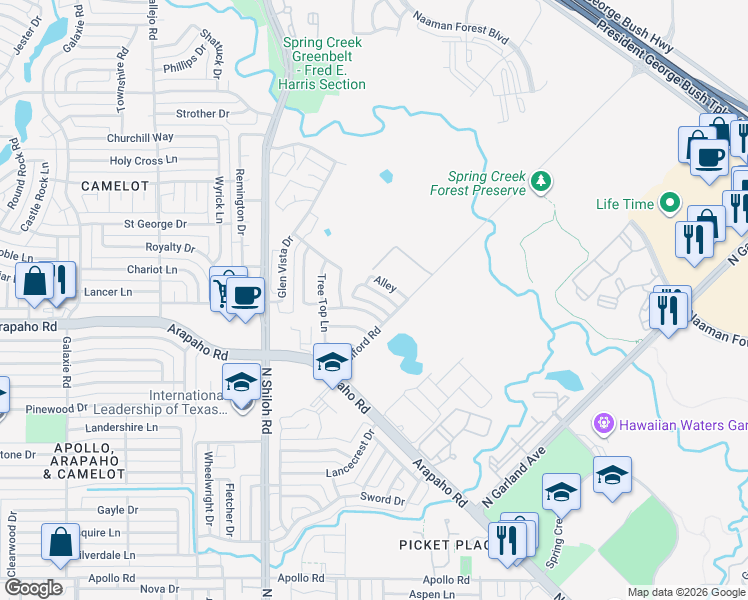 map of restaurants, bars, coffee shops, grocery stores, and more near 2102 John Sharp Circle in Garland