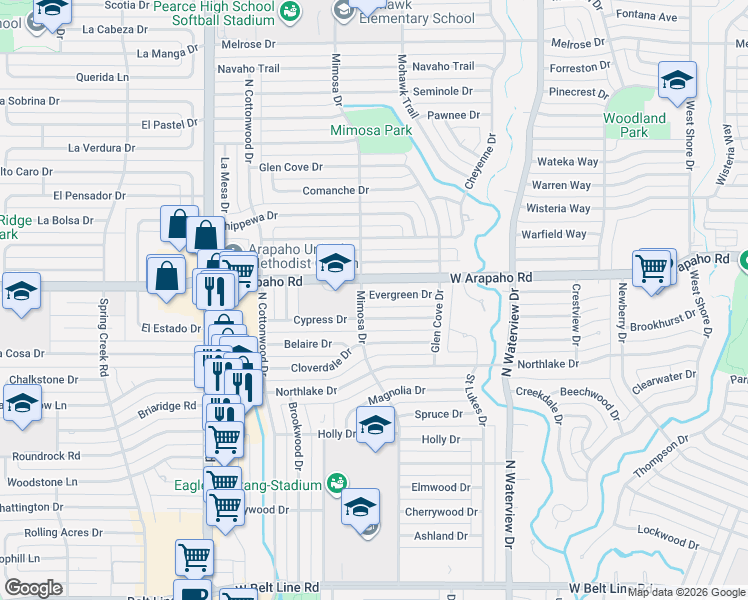 map of restaurants, bars, coffee shops, grocery stores, and more near 1240 Cypress Drive in Richardson