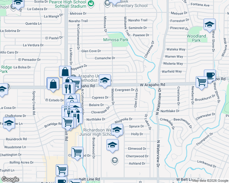 map of restaurants, bars, coffee shops, grocery stores, and more near 1240 Cypress Drive in Richardson