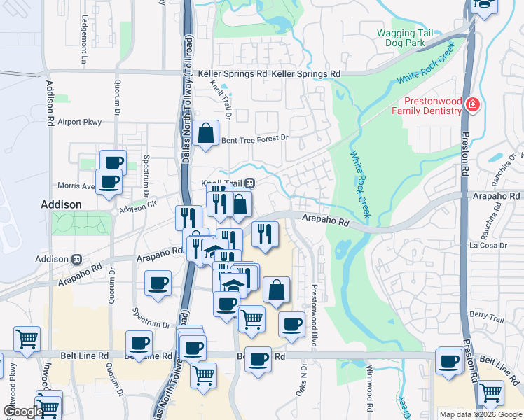map of restaurants, bars, coffee shops, grocery stores, and more near 5517 Arapaho Road in Dallas
