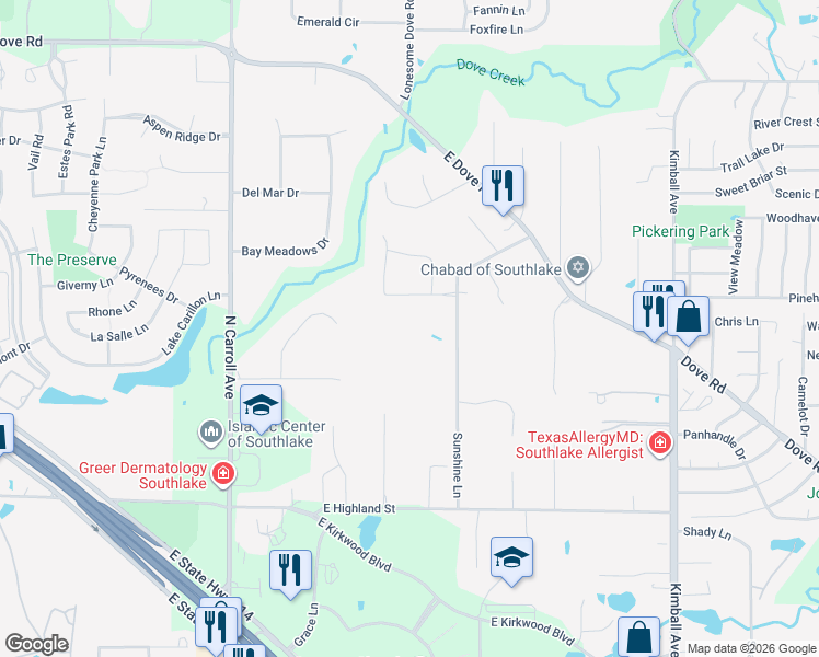 map of restaurants, bars, coffee shops, grocery stores, and more near 1450 Sunshine Lane in Southlake