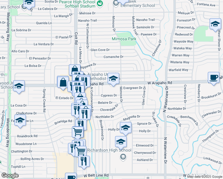 map of restaurants, bars, coffee shops, grocery stores, and more near 1300 Cypress Drive in Richardson