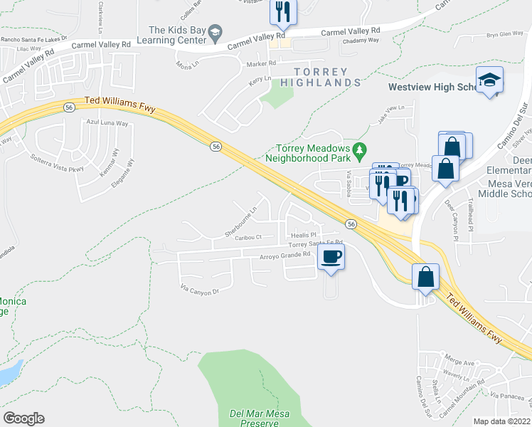 map of restaurants, bars, coffee shops, grocery stores, and more near 13262 Copperwind Lane in San Diego