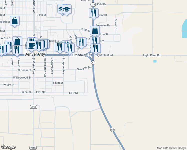 map of restaurants, bars, coffee shops, grocery stores, and more near 406 Texas 214 in Denver City