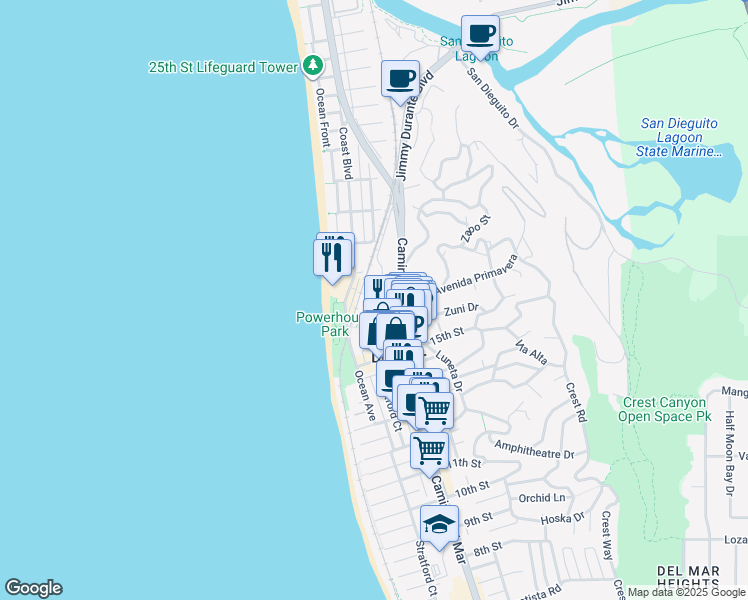 map of restaurants, bars, coffee shops, grocery stores, and more near 1545 Coast Boulevard in Del Mar
