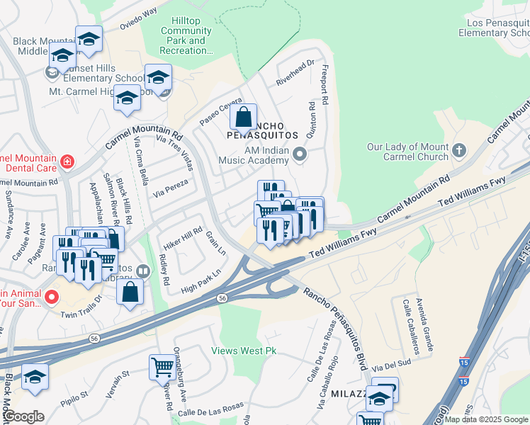 map of restaurants, bars, coffee shops, grocery stores, and more near 9875 Caminito Cuadro in San Diego