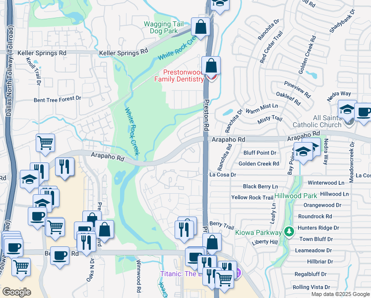 map of restaurants, bars, coffee shops, grocery stores, and more near 5980 Arapaho Road in Dallas