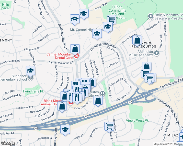map of restaurants, bars, coffee shops, grocery stores, and more near 13444 Salmon River Road in San Diego