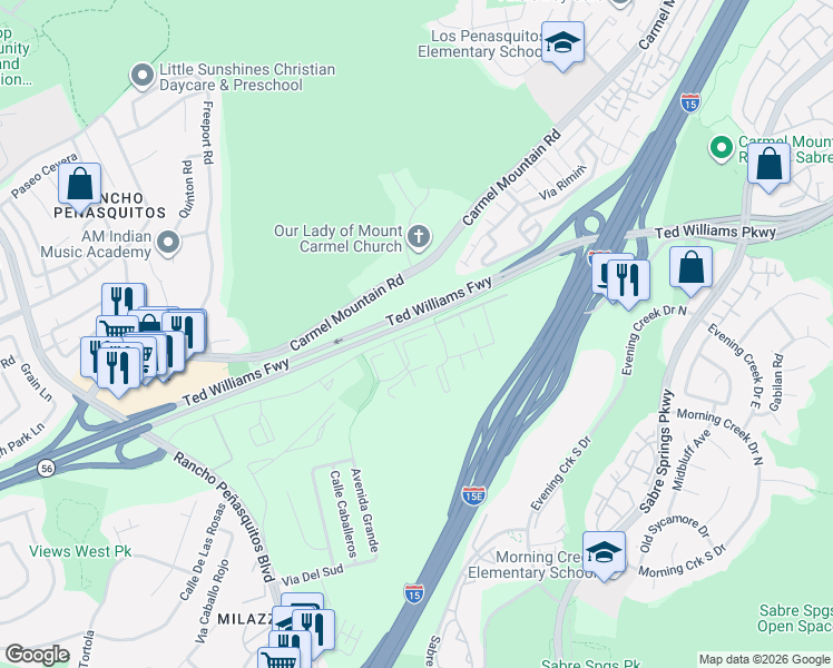 map of restaurants, bars, coffee shops, grocery stores, and more near 13334 Caminito Ciera in San Diego
